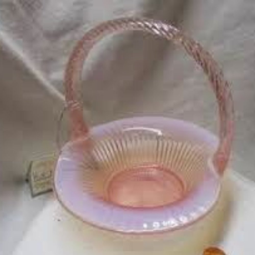 Vintage Fenton Art Glass Opalescent Ribbed Basket ~Twisted Handle marked Fenton
